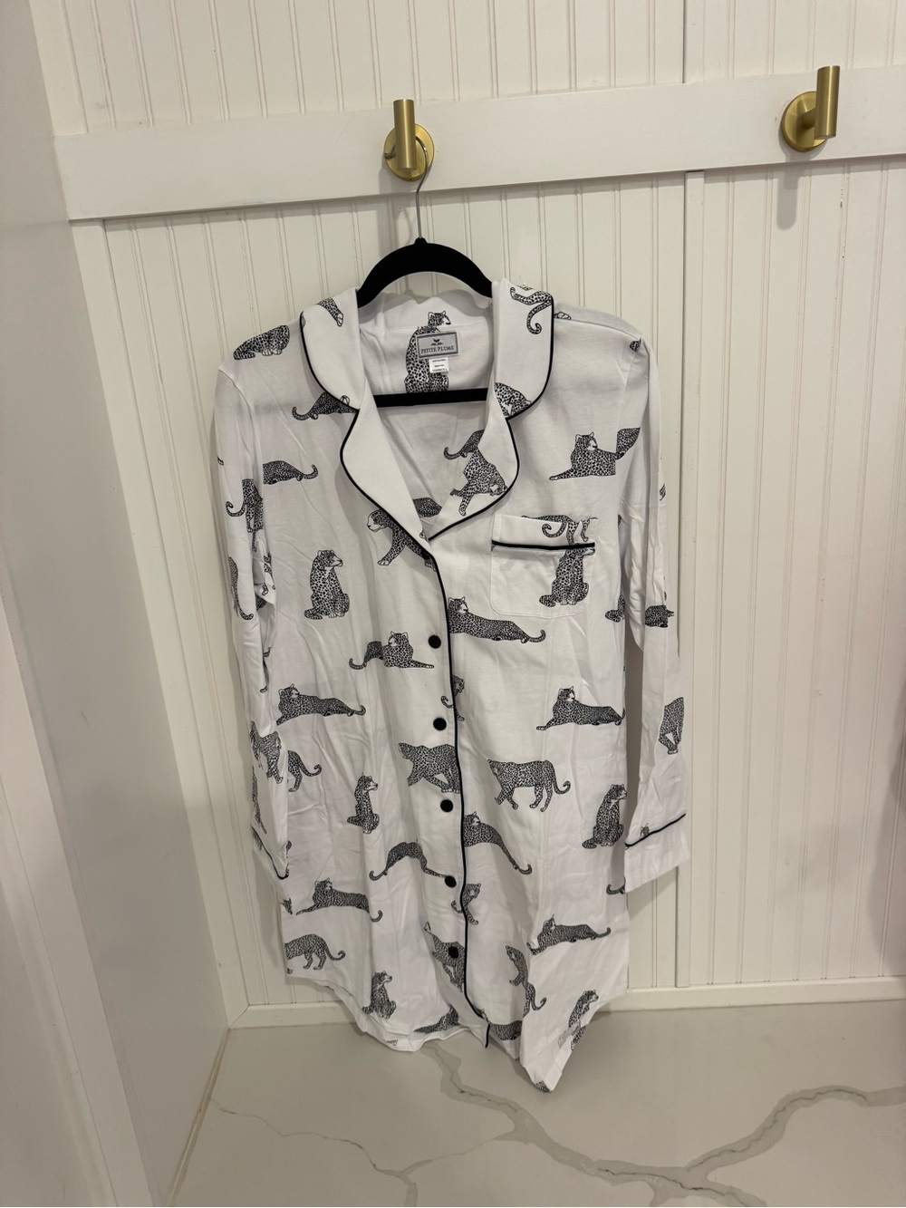 Petite Plume Women’s White Leopard Print Long Sleeve Pajama Shirt